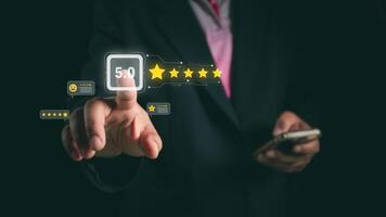 Customer Experience Concept, Best Excellent Services for Satisfaction present by Opened Hand of Client giving a Five Star Rating photo