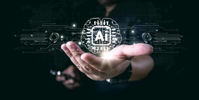 Businessman interact with AI artificial intelligence brain processor in concept of AI artificial intelligence engineering, big data and AI machine learning to use for business support. photo