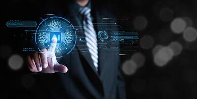 AI chat bot communicate and answer question to businessman with smart solution idea, Artificial Intelligence, Man using command prompt for generates something, Futuristic technology transformation. photo