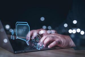 Chat with AI, Artificial Intelligence. man using technology smart robot AI, artificial intelligence by enter command prompt for generates something, Futuristic technology transformation. photo