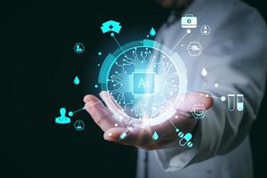 Medical worker touch virtua medical AI technology services concept.Medical worker hold virtual medical revolution and advance of technology Artificial Intelligence and technology for future Health. photo