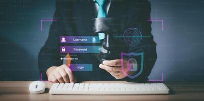 Hacker, Cyber security and data protection on internet. Person touching virtual shield, secure access, encrypted connection. Password protected system and storage. Cybersecurity technology. photo