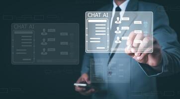 Ai technology, Artificial Intelligence. man using technology smart robot AI, artificial intelligence by enter command prompt for generates something, Futuristic technology transformation. Chat with Ai photo