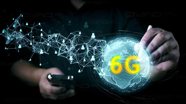 Businessman pen pointing at futuristic 6g technology and futuristic advancement, future technology 6G network internet of thinks connection communication, high-speed internet network signal. photo