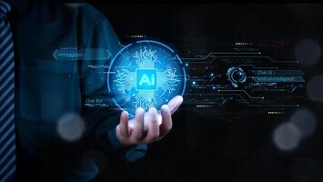 AI chat bot communicate and answer question to businessman with smart solution idea, Artificial Intelligence, Man using command prompt for generates something, Futuristic technology transformation. photo