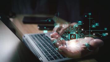 Ai technology, Artificial Intelligence. man using technology smart robot AI, artificial intelligence by enter command prompt for generates something, Futuristic technology transformation. Chat with Ai photo