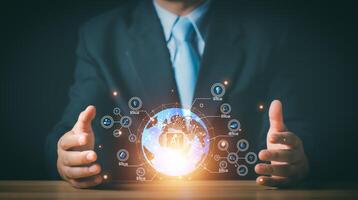 Ai technology, Artificial Intelligence. man using technology smart robot AI, artificial intelligence by enter command prompt for generates something, Futuristic technology transformation. Chat with Ai photo