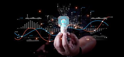 Businessman interact with AI artificial intelligence brain processor in concept of AI artificial intelligence engineering, big data and AI machine learning to use for business support. photo