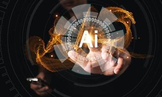 Ai technology, Artificial Intelligence. man using technology smart robot AI, artificial intelligence by enter command prompt for generates something, Futuristic technology transformation. Chat with Ai photo