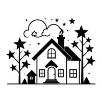 A black and white illustration of a house with stars vector