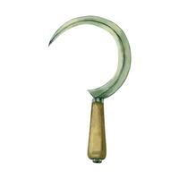 Sickle, a hand-held agricultural tool, for harvesting, ears of wheat. All objects are hand-drawn with watercolors. Suitable for printing on fabric, paper, for scrapbooking and product packaging design vector