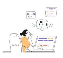 Man programmer interacting with artificial intelligence for code generation and editing linear concept illustration isolated on white. vector