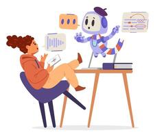School girl learning foreign language with help of artificial intelligence robot flat illustration isolated on white. Ai in education concept. vector
