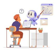 School boy sitting at table with laptop using Ai bot help while studying mathematics. Artificial intelligence in school education concept flat illustration isolated on white. vector