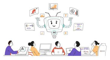 Group of different professionals sitting at one desk interacting with artificial intelligence concept. Men and women hugging with AI robot character linear illustration isolated on white. vector