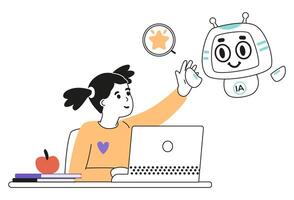 Artificial intelligence in school education concept linear illustration isolated on white. Girl giving high five to AI robot character while studing. vector