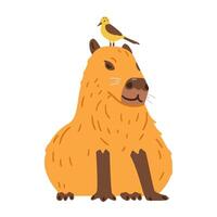 Cute satisfied capybara sitting with little bird on it's head flat illustration isolated on white. vector