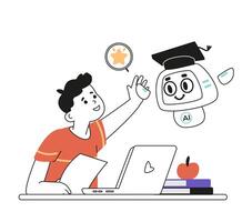 Artificial intelligence in school education concept linear illustration isolated on white. School boy giving high five to Ai robot. Kid interacting with Ai robot while studing. vector