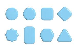 Set of realistic 3d glossy plastic geometric shape light blue gradient buttons isolated. Circle, triangle, square, rectangular, octagon and hexagon empty blank design elements vector