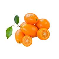 A bunch of oranges with leaves on a white surface photo