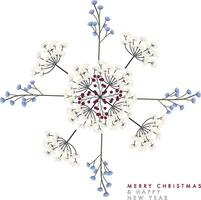 Snowflake with botanical elements in white, blue and red tones vector