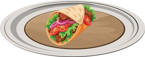 A pita sandwich with meat and vegetables on a plate vector