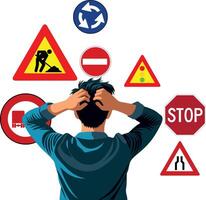A man is looking at traffic signs and traffic signs vector