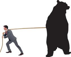 A man in a suit pulling a rope with a bear vector