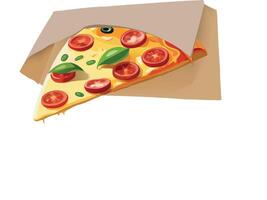 Pizza slice in paper bag with tomato and basil vector