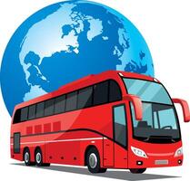 A red bus is parked next to a globe vector