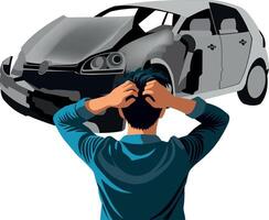 A man is looking at his car that has been damaged vector