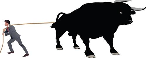 A man in a suit is pulling a rope with a bull vector