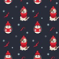Seamless pattern with warm clothed hedgehog and dog. Cartoon winter animals pattern. Xmas backgrounds. vector