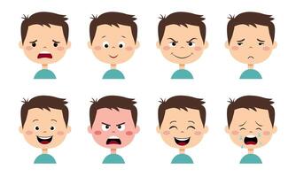 Boy face with emotions of joy, anger, curiosity, sadness, cunning and other. Different face expressions set. vector