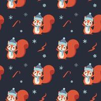 Seamless pattern with cute warm clothed squirrel. Xmas backgrounds. Cartoon winter animals pattern. vector