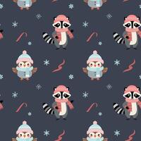 Seamless pattern with warm clothed raccoon and owl. Cartoon winter animals pattern. Xmas backgrounds. vector