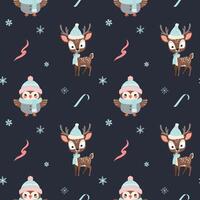 Seamless pattern with warm clothed owl and reindeer. Cartoon winter animals pattern. Xmas backgrounds. vector