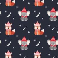 Seamless pattern with warm clothed elephant and fox. Cartoon winter animals pattern. Xmas backgrounds. vector
