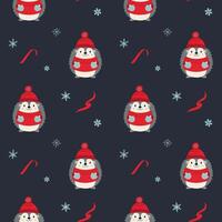 Seamless pattern with cute warm clothed hedgehog. Xmas backgrounds. Cartoon winter animals pattern. vector