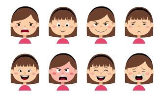 Girl face with emotions of joy, anger, curiosity, sadness and other. Different face expressions set. vector