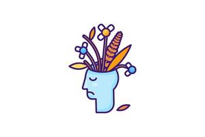 Dry nosegay growing out from head in stroked cartoon style vector