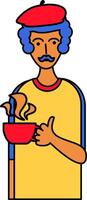 French character in a beret with a cup of hot coffee in an outline cartoon style vector
