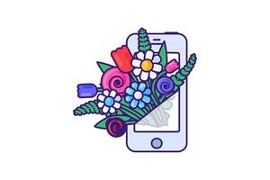 Charming bouquet blooming out from an phone in solid cartoon style vector