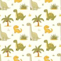 Seamless pattern with green and yellow dinosaurs. Fabric swatch with dinosaurs and palm trees for kids. ornament vector