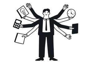 Business busy man doing different tasks at the same time. Multitasking concept vector