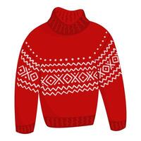 Flat cartoon illustration of a cozy warm red sweater with a New Year's pattern. Christmas knitted warm clothes on a white background vector