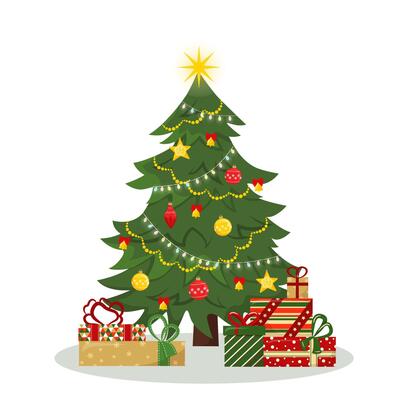 Decorated Christmas tree with gift boxes, lights, ornaments balls and garlands. Merry Christmas and Happy New Year. Flat style illustration.