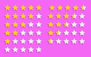 Isolated modern illustration of a star rating system. Five-star rank icon set suitable for websites and consumer review platforms. Collection stars with shadow on pink background. vector