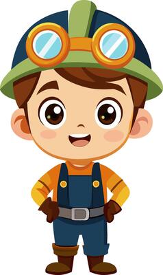 A cartoon boy wearing overalls and a helmet