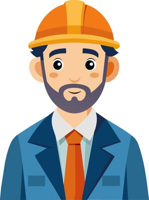 A cartoon man in a hard hat and suit